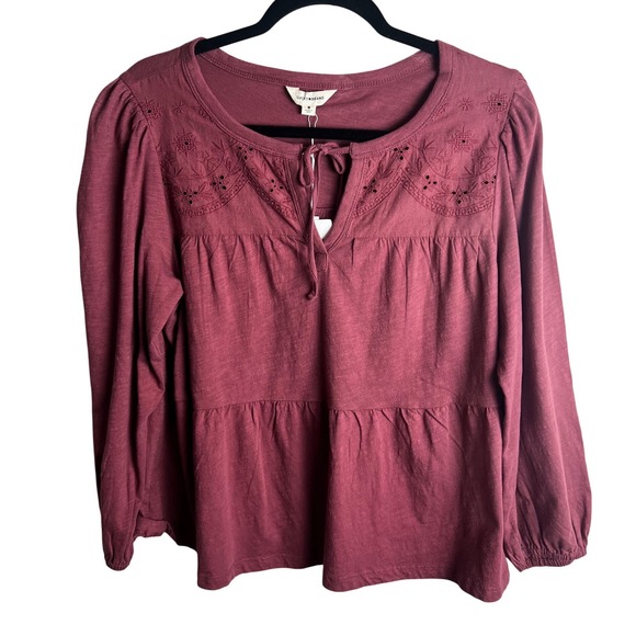 Lucky Brand Tops - Lucky Brand Embroidered Tie Neck Top Size Med Tiered Long Sleeve Peasant NEW